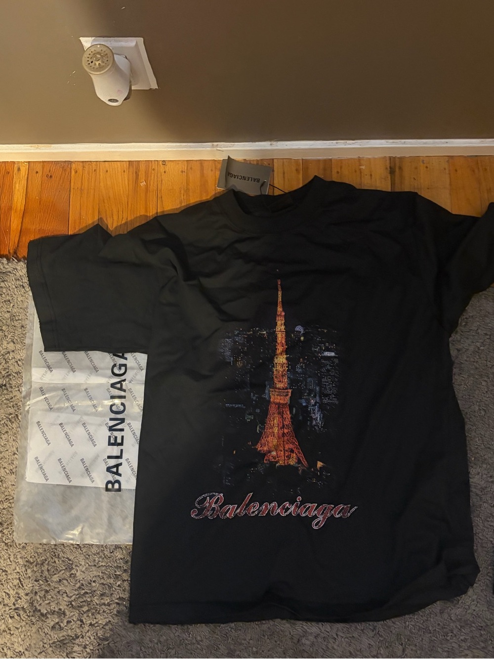 Balenciaga Black Graphic Tee with Tower Print